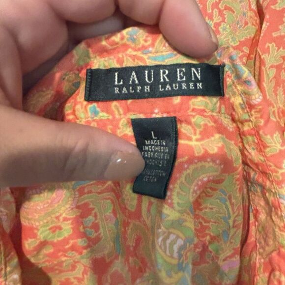 Lauren Ralph Lauren  Orange‎ Floral Long Roll Tab Sleeve Pockets Blouse  Large - Picture 3 of 4